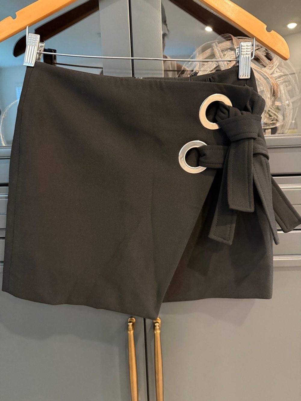 Zara Woman Black Mini Skirt with Silver Grommet and Tie